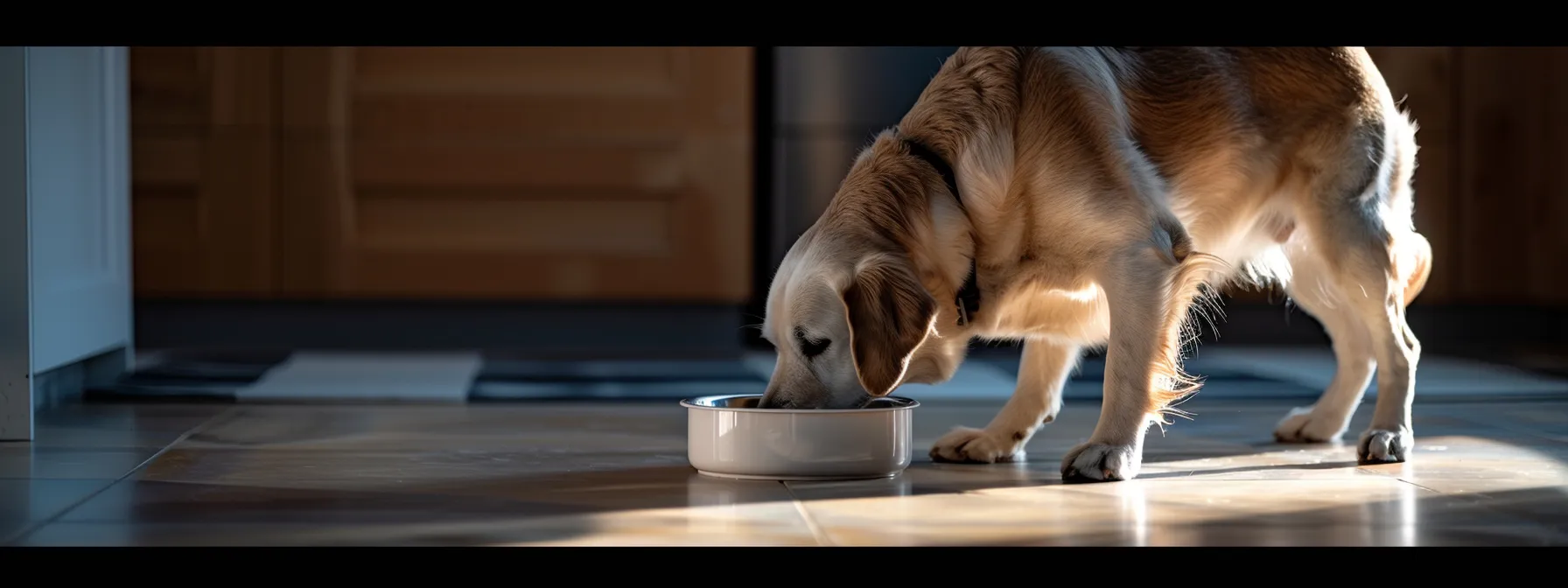 a dog happily eating from a spill-proof bowl placed within easy reach in a safe and clean environment.