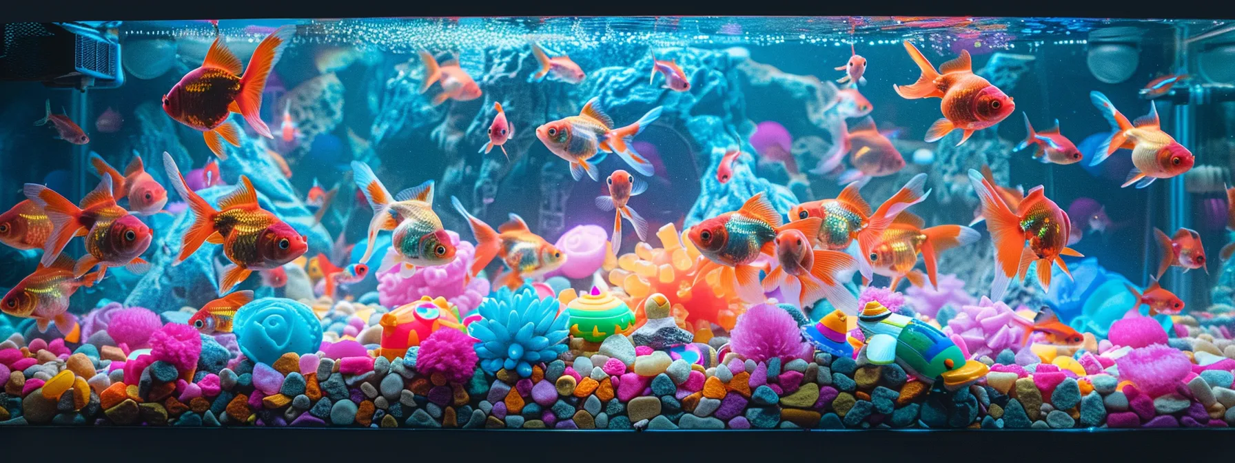 a colorful goldfish tank filled with toys and activities for mental stimulation.