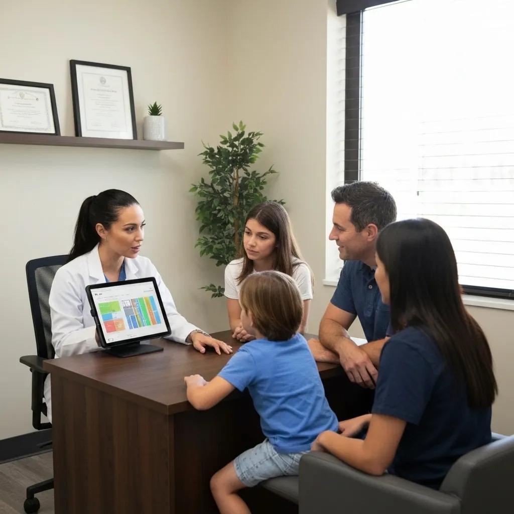 A healthcare professional in a professional setting discussing ABA therapy options and support with a family.