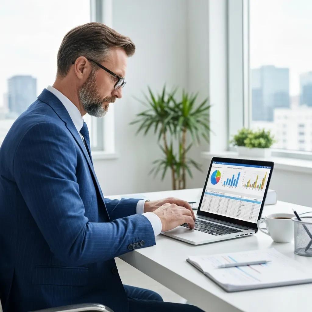 Business owner calculating ROI for local SEO investment in a modern office