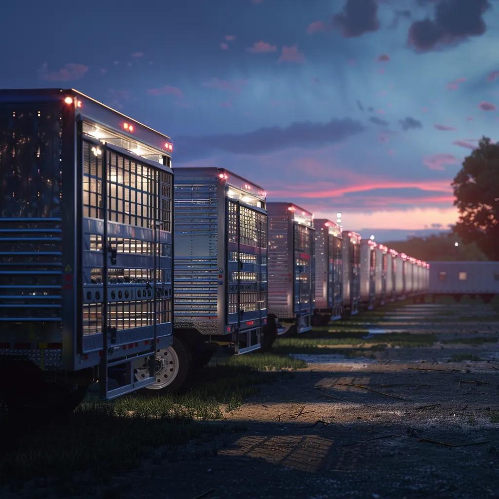 Various livestock trailers including a 16ft Delta model in a rental yard, highlighting features for animal transport