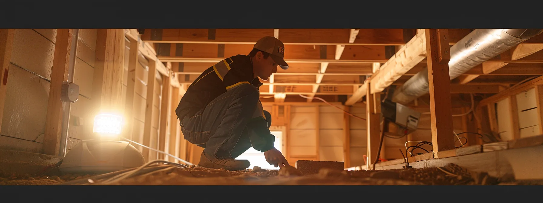 a home inspector examining the foundation of a house.