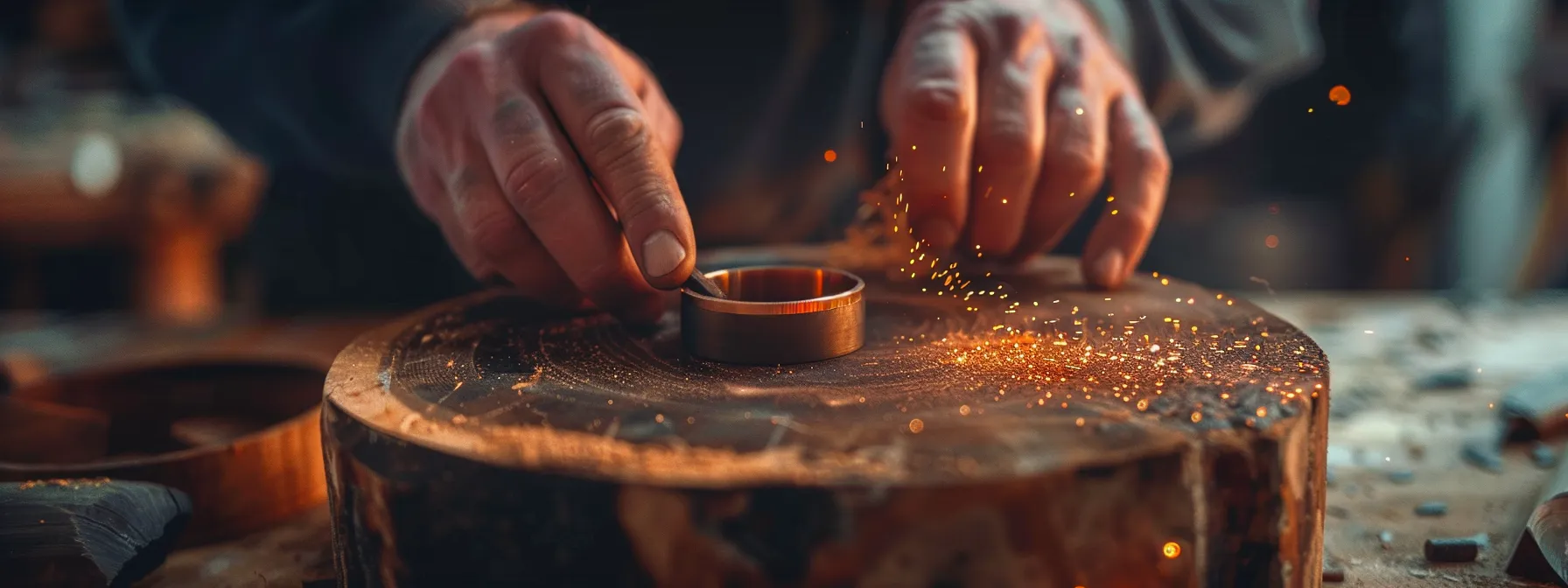 a craftsman carefully combining tungsten and rosewood to create a unique hybrid ring design.