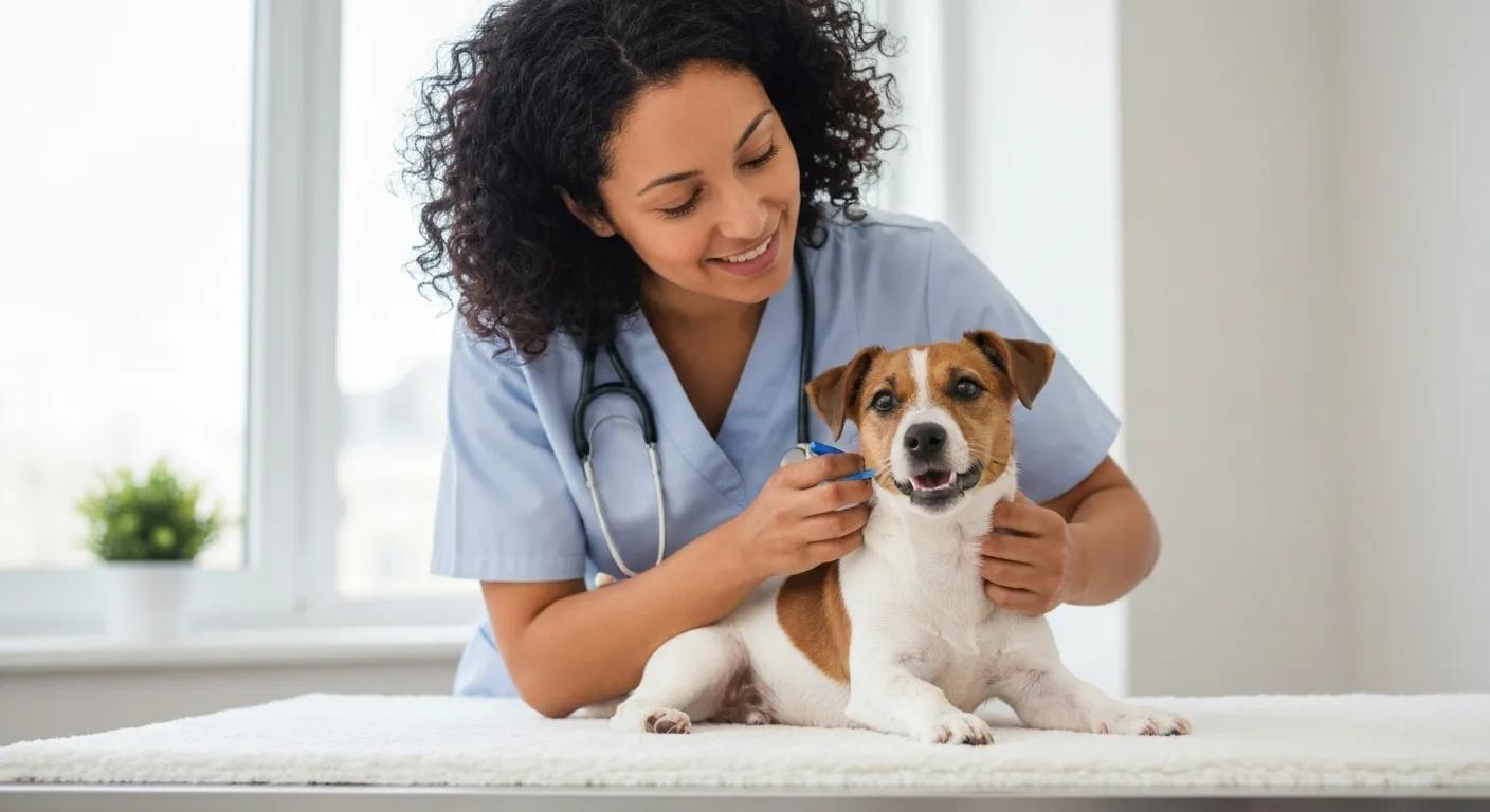 A veterinarian gently examining a healthy puppy, highlighting our commitment to vet checks