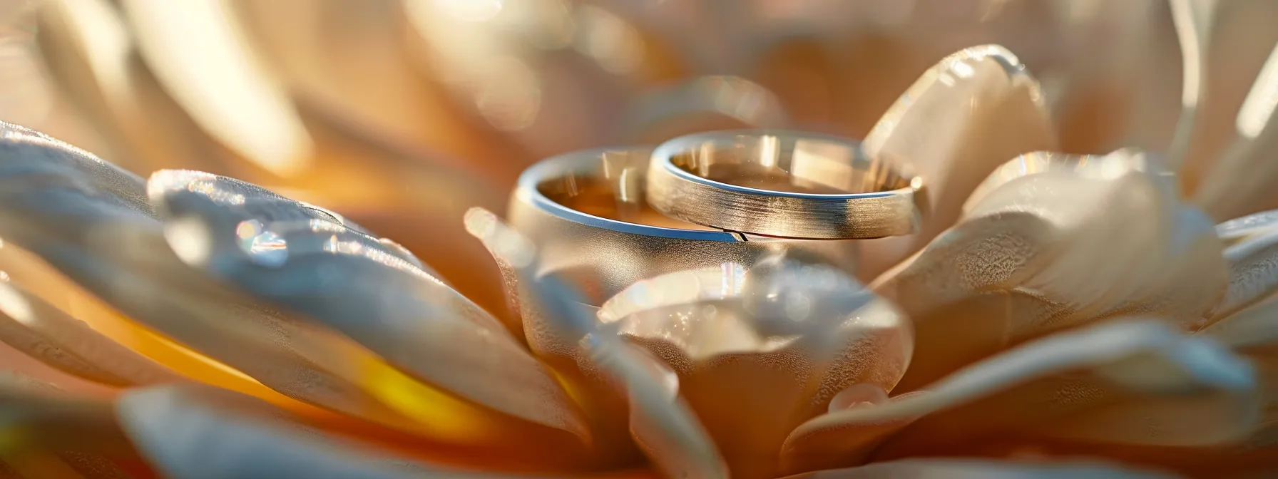 a close-up photo of two metal rings sitting on a soft, delicate flower petal, showcasing the contrast between the bold, shiny tungsten and the sleek, understated titanium.