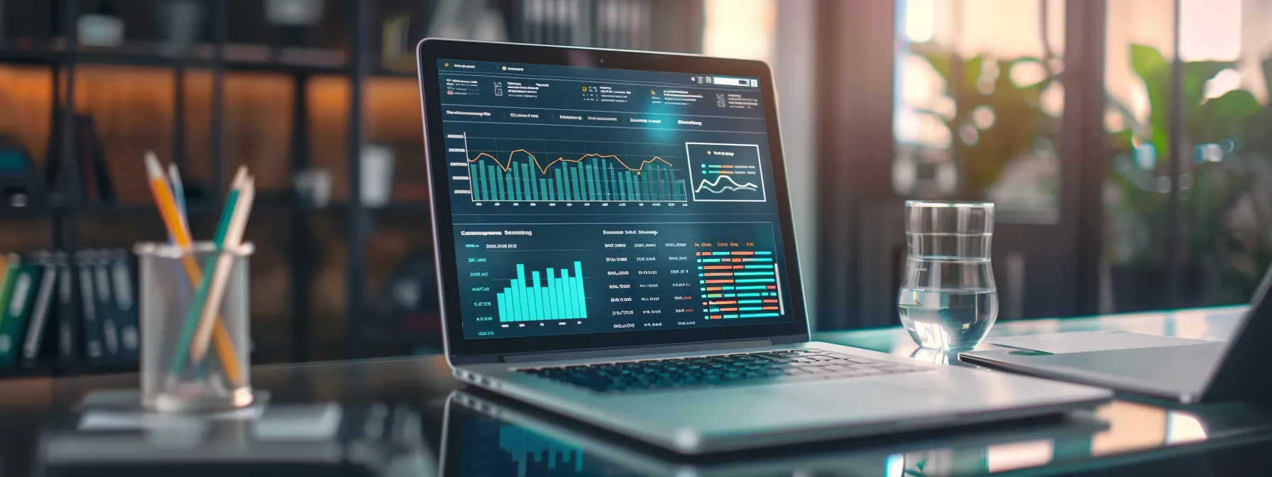 a laptop screen displaying a webpage with strategic keyword placement and tags, surrounded by a diverse range of seo tools and analytics charts.