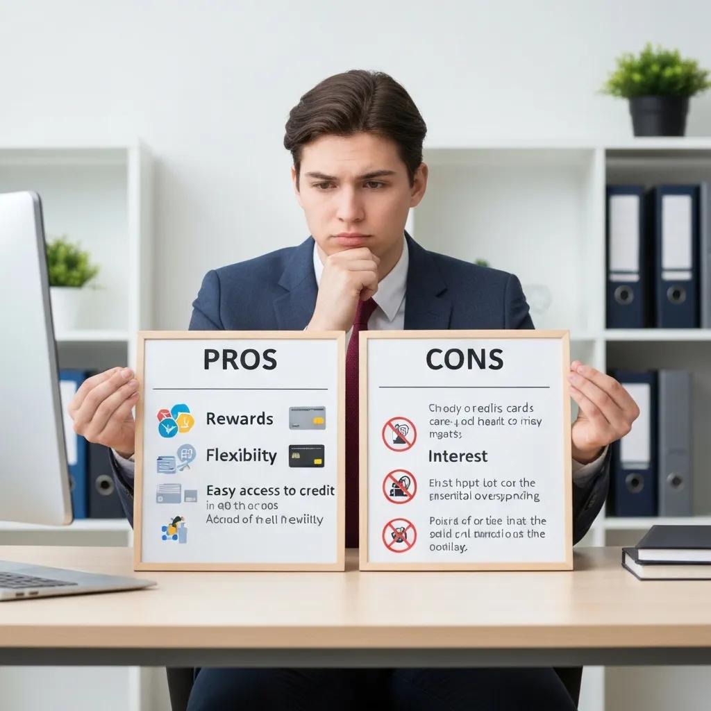 Imagen que representa a una persona sopesando los pros y contras del uso de tarjetas de cr&eacute;dito, enfatizando la toma de decisiones financieras informadas