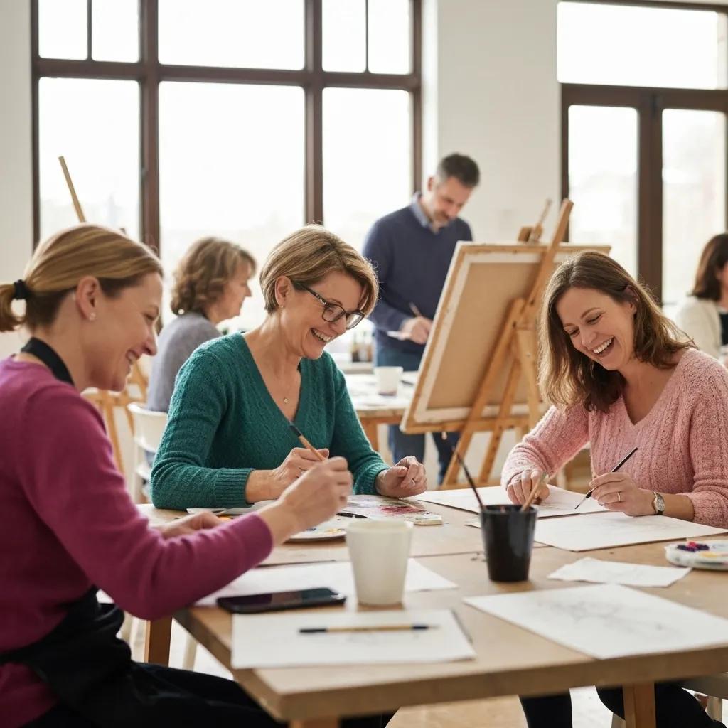 Adults experiencing the positive mental health and social benefits of art classes at Creative Art School, fostering creativity and meaningful connections