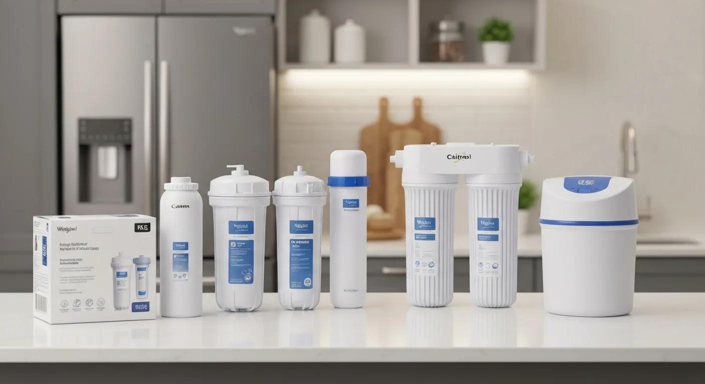 Different types of Whirlpool water filters including refrigerator, whole house, under-sink, and water softener