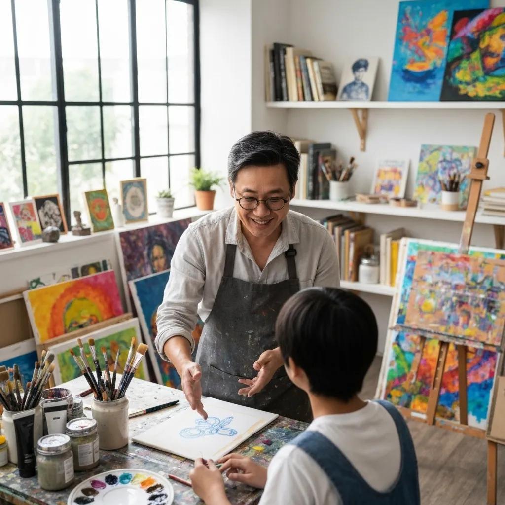 An art instructor offering personalised guidance to a student within the creative studio at Creative Art School Padstow, embodying expert instruction and artistic mentorship