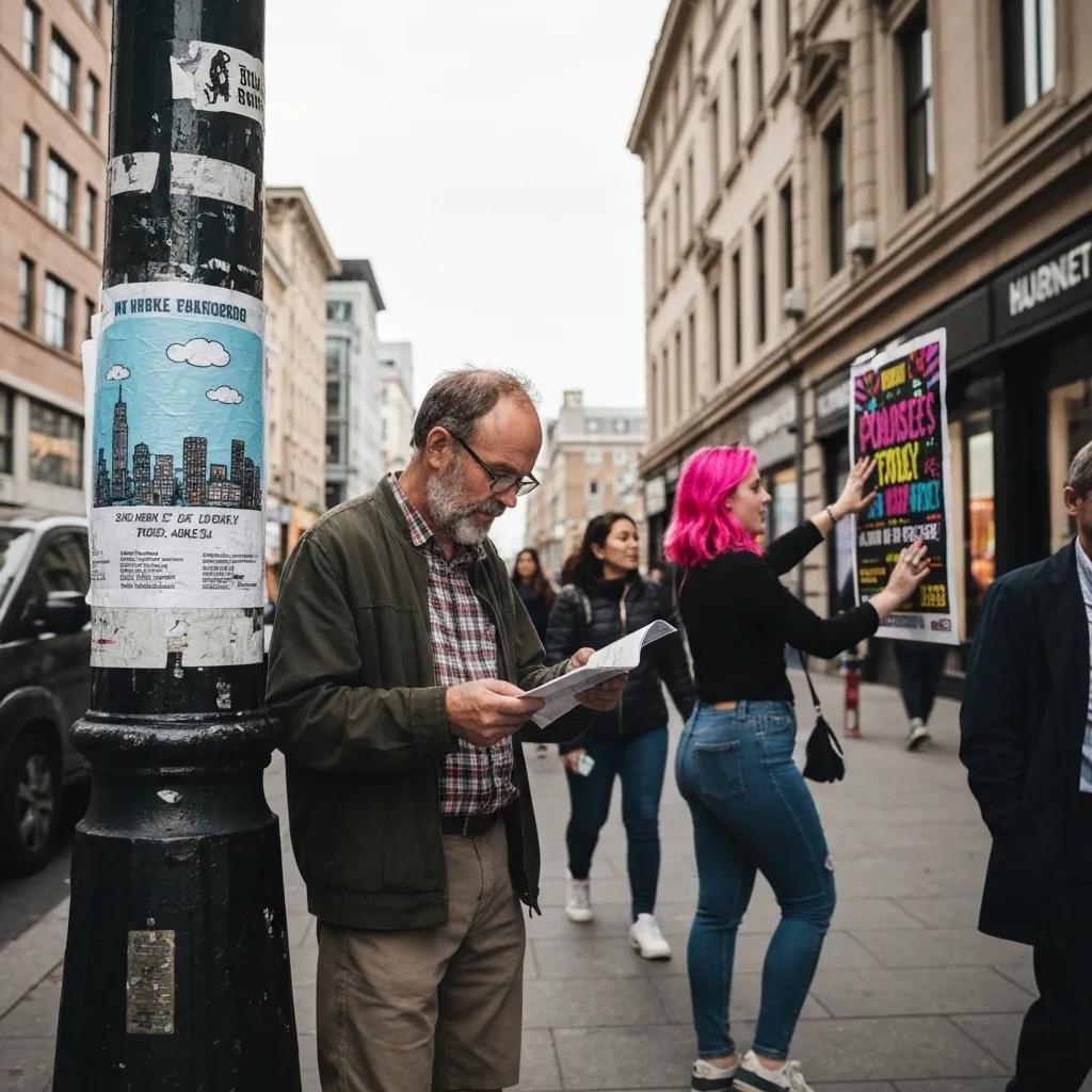 Creative guerrilla marketing campaign with unexpected poster placements in a bustling urban setting