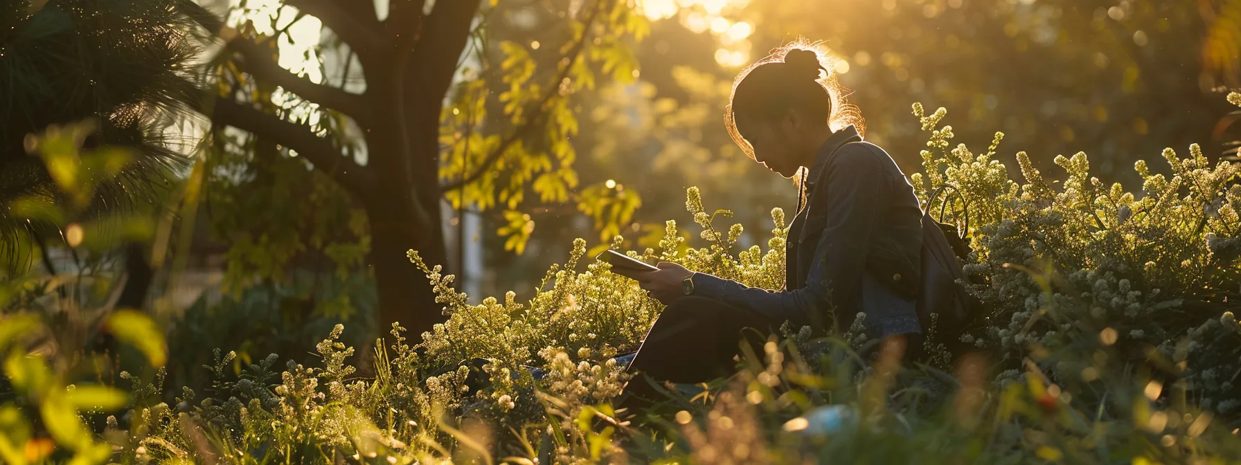 a person sitting outside, surrounded by nature, with their phone sitting untouched next to them.