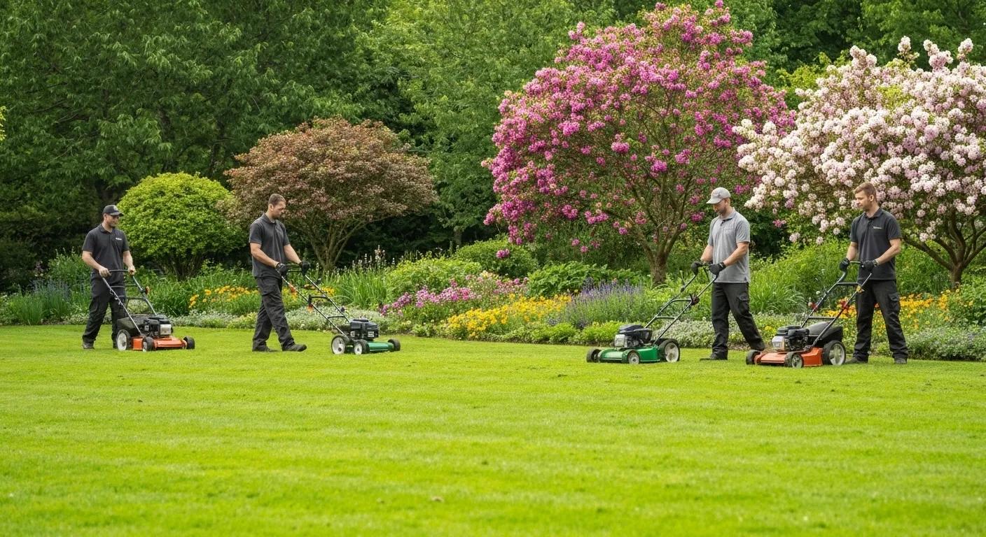 Lush green lawn with professional yard care services in action, highlighting yard maintenance and cutting