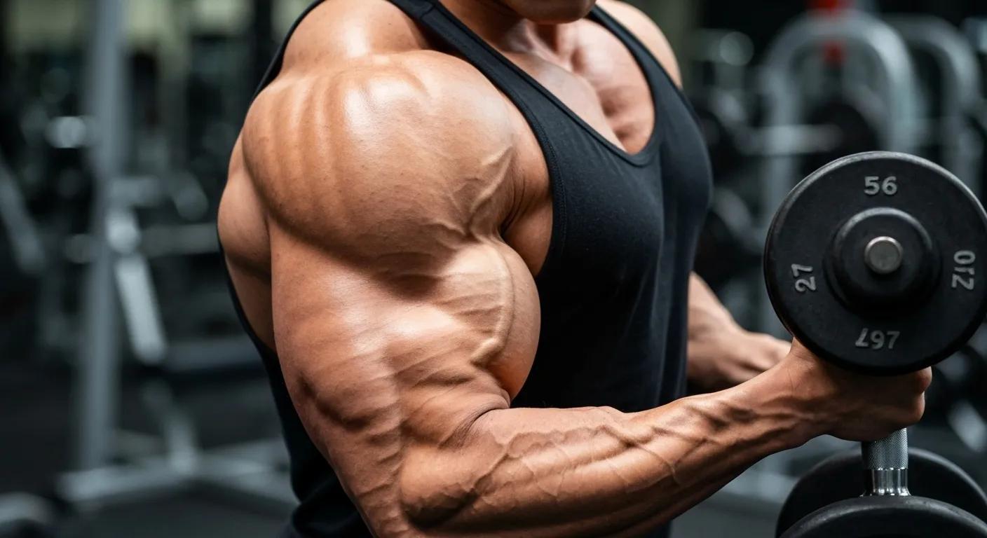 Close-up of a muscular arm lifting a dumbbell, representing muscle growth benefits of MK-677