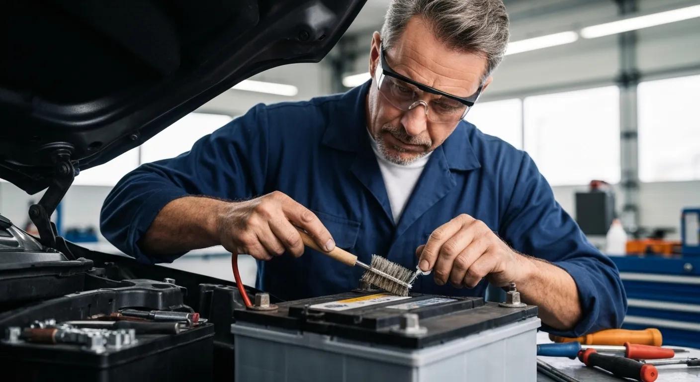 Technician cleaning car battery terminals to maintain battery health