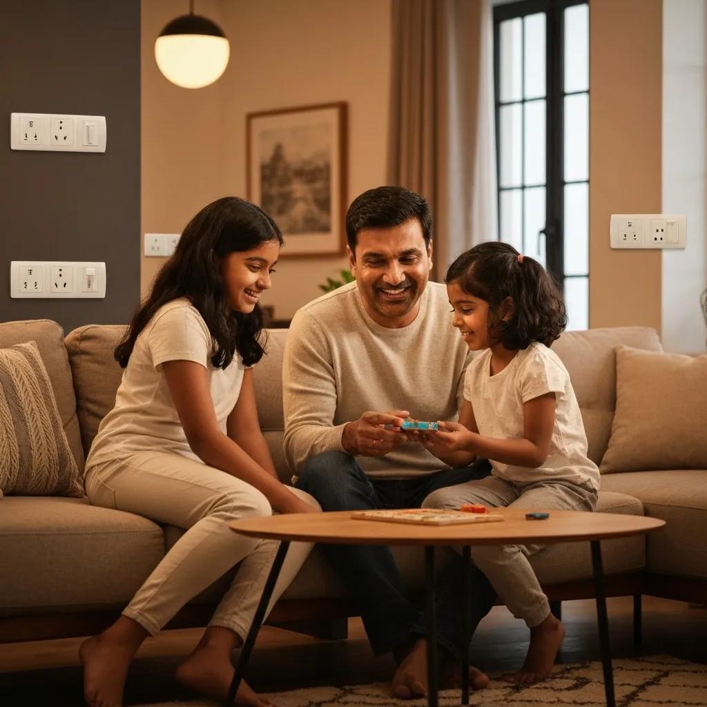A comfortable living room in Birmingham featuring modern lighting and electrical outlets, showcasing domestic electrical services