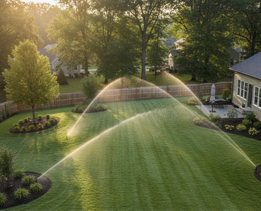 Smart irrigation system watering a suburban Virginia lawn using water-saving technology Smart irrigation system watering a suburban Virginia lawn using water-saving technology
