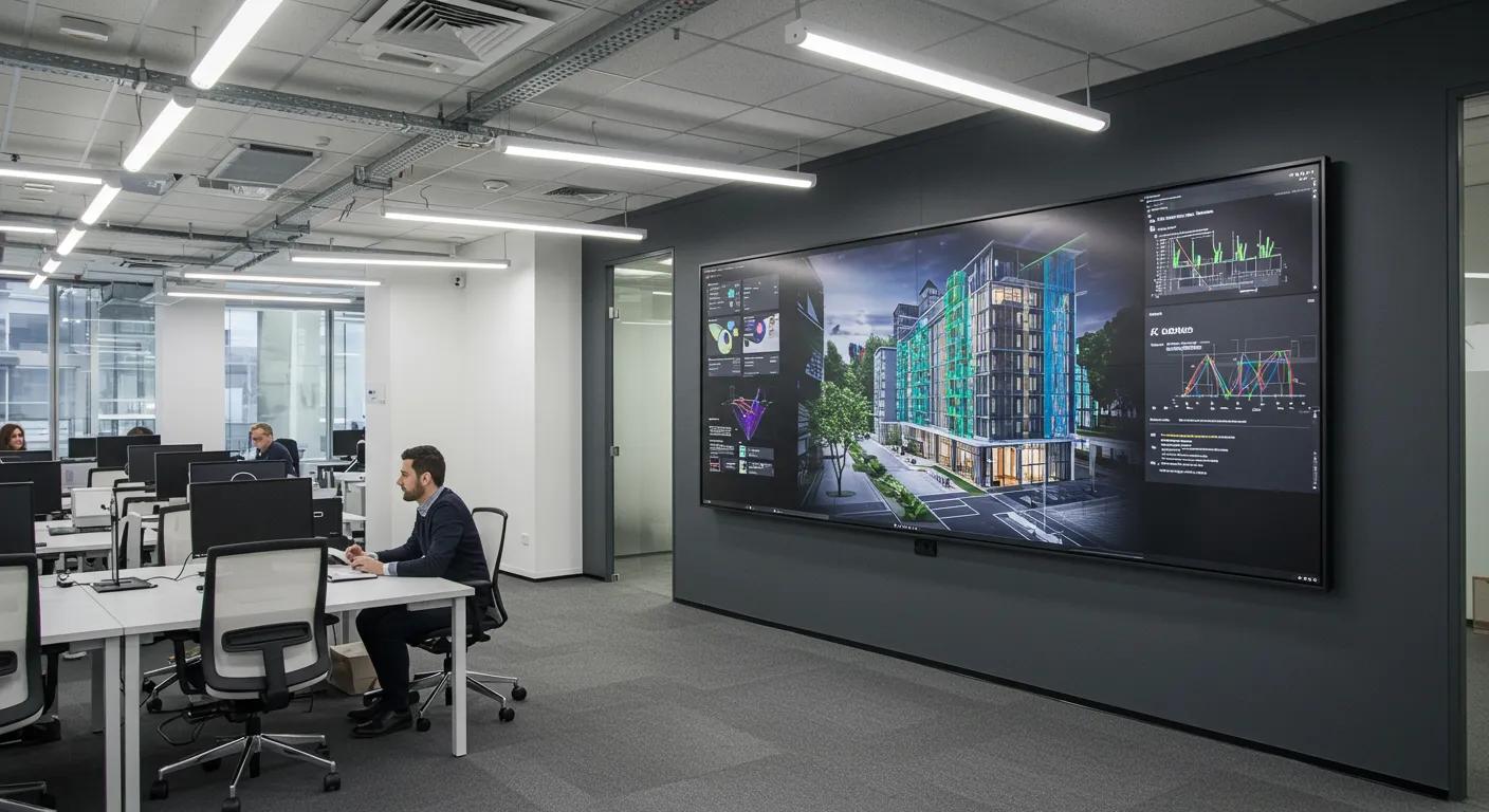 a dynamic office environment showcases a large digital screen displaying vibrant 3d building models integrated with bim data, highlighting the collaborative energy of architects and engineers engaged in the architectural design process.