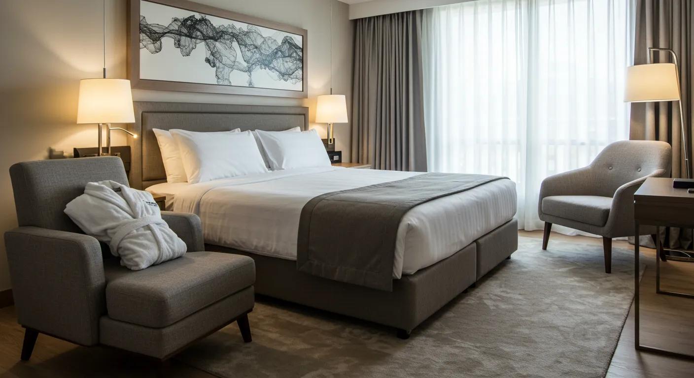 a luxurious hotel room showcases an inviting made bed with pristine white sheets and plush bath robes draped elegantly over a stylish armchair, setting a serene ambiance for ultimate relaxation.