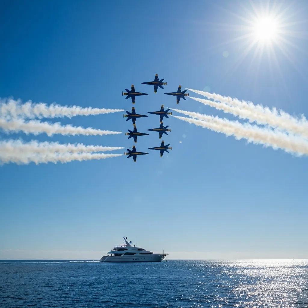 The U.S. Navy Blue Angels performing a stunning maneuver above a yacht at the Pacific Airshow The U.S. Navy Blue Angels performing a stunning maneuver above a yacht at the Pacific Airshow