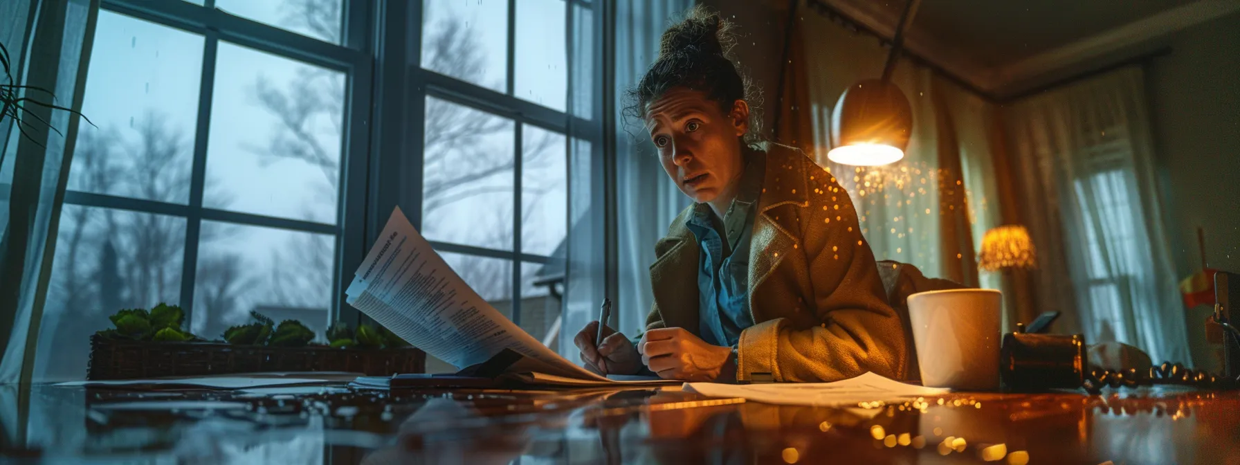 a homeowner carefully reviewing their flood insurance policy with a concerned expression, surrounded by paperwork and a stormy sky visible through a window.