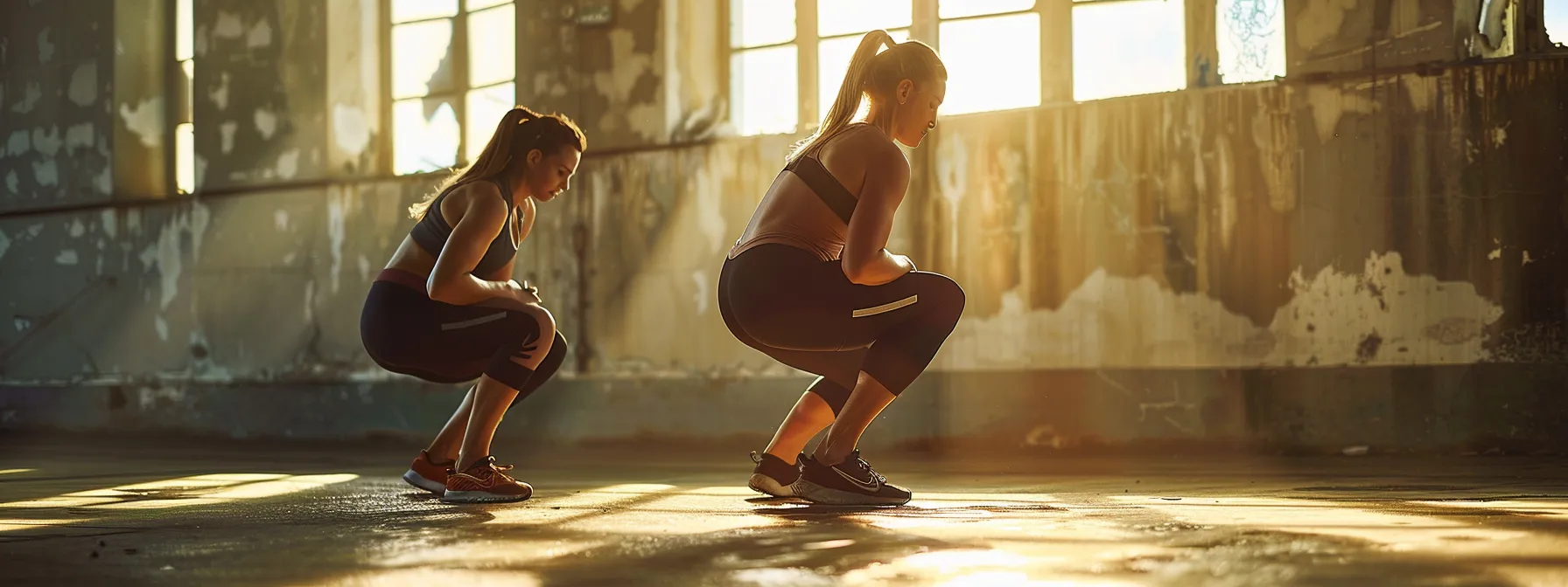 a pair of partners are doing synchronized bodyweight squats together.