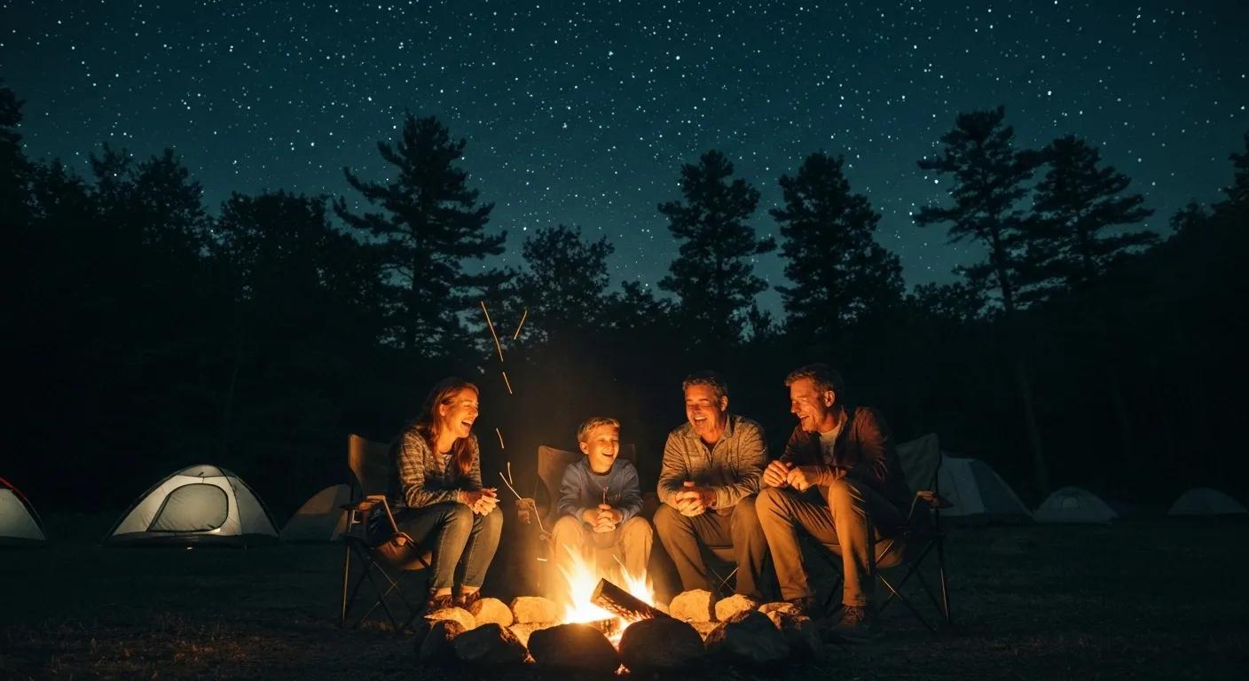 Family camping under stars in Shenandoah Valley, emphasizing safety and adventure
