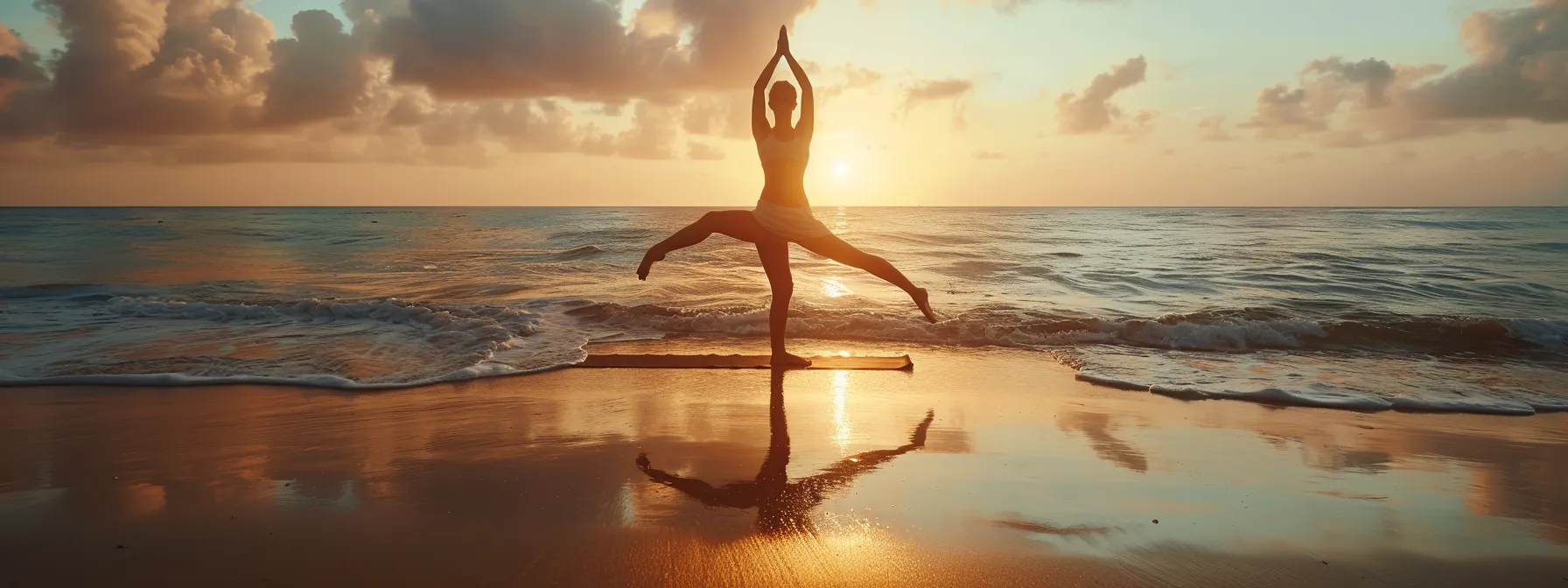 a person performing a yoga pose on a beach at sunrise.