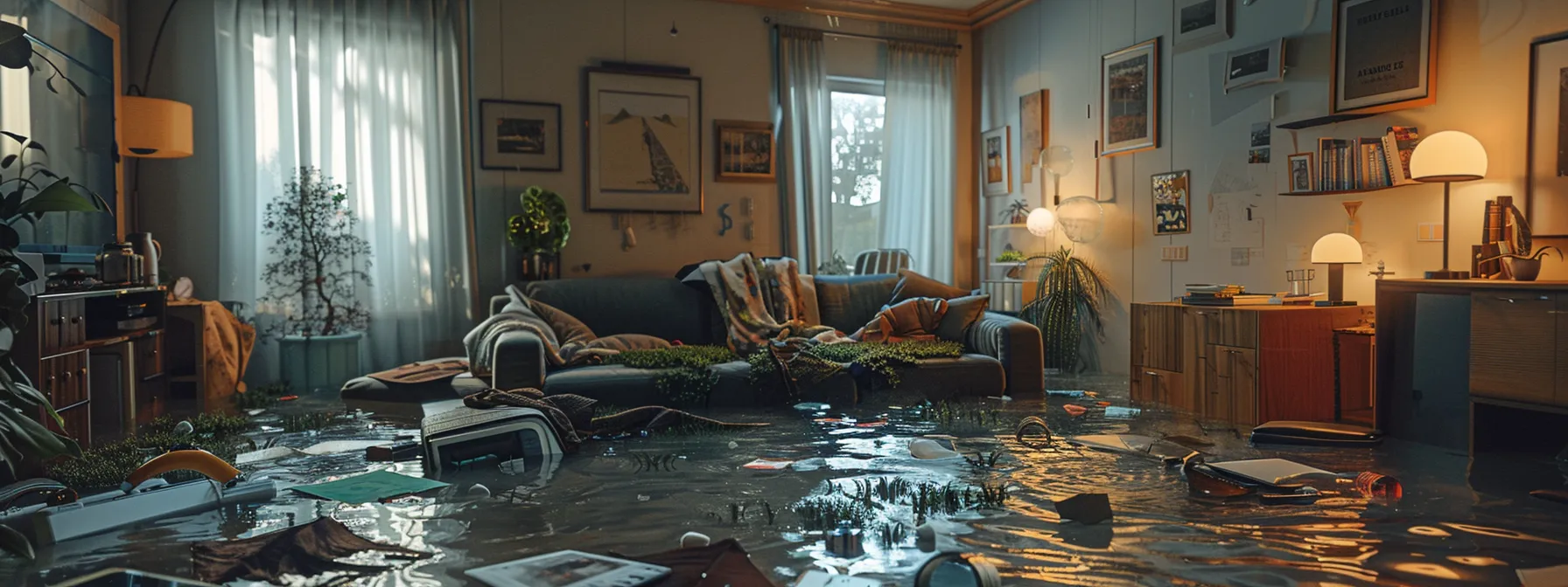 a living room filled with water, flooding furniture and personal items.