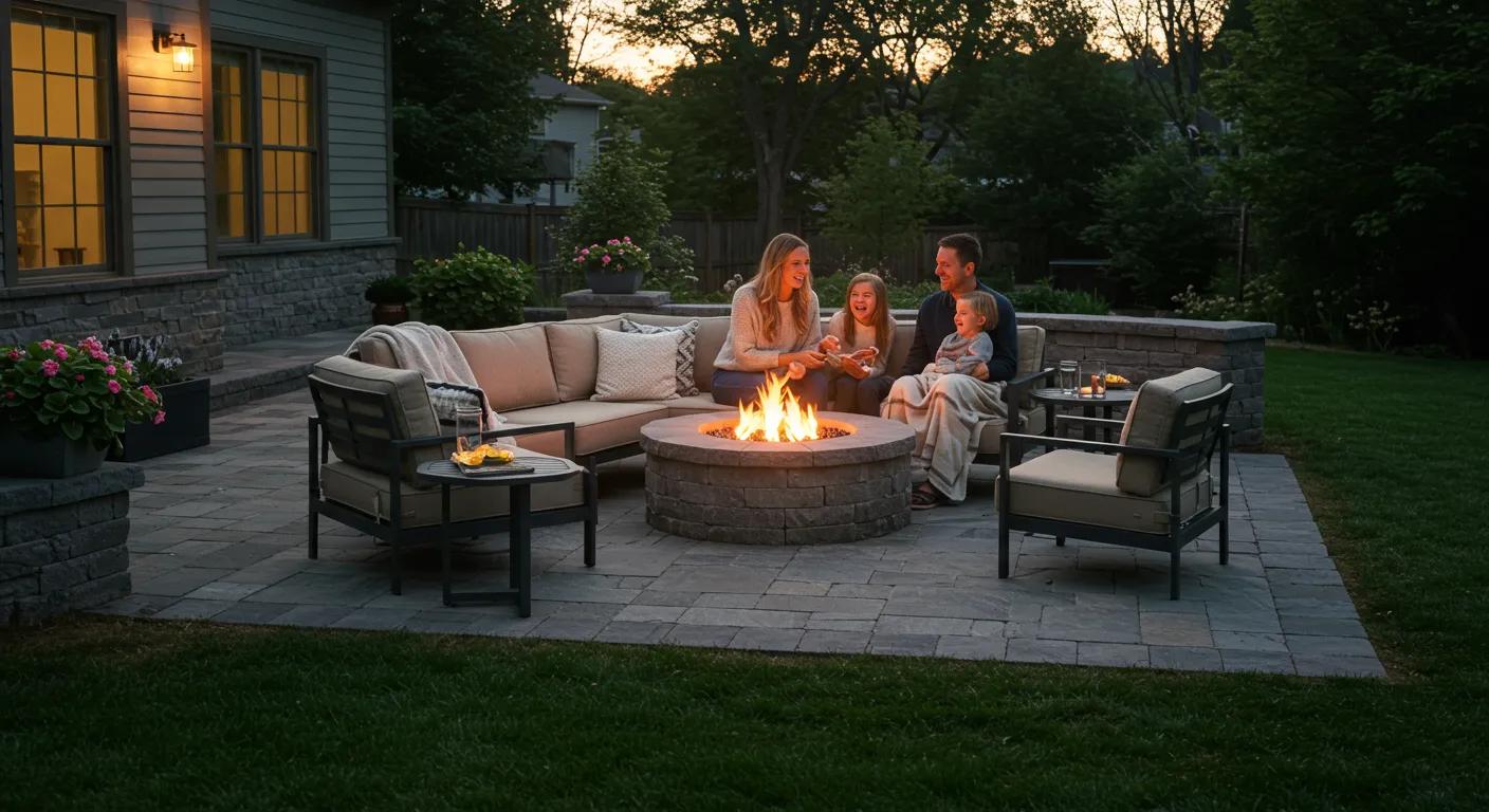 Family enjoying a hardscaped patio with fire pit and seating area in Cambridge MN