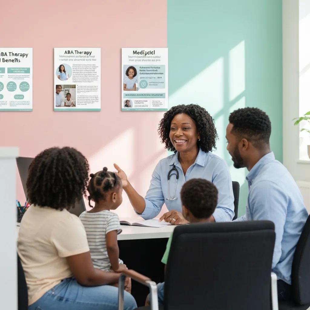A family receiving assistance at a Maryland Medicaid office for ABA therapy coverage