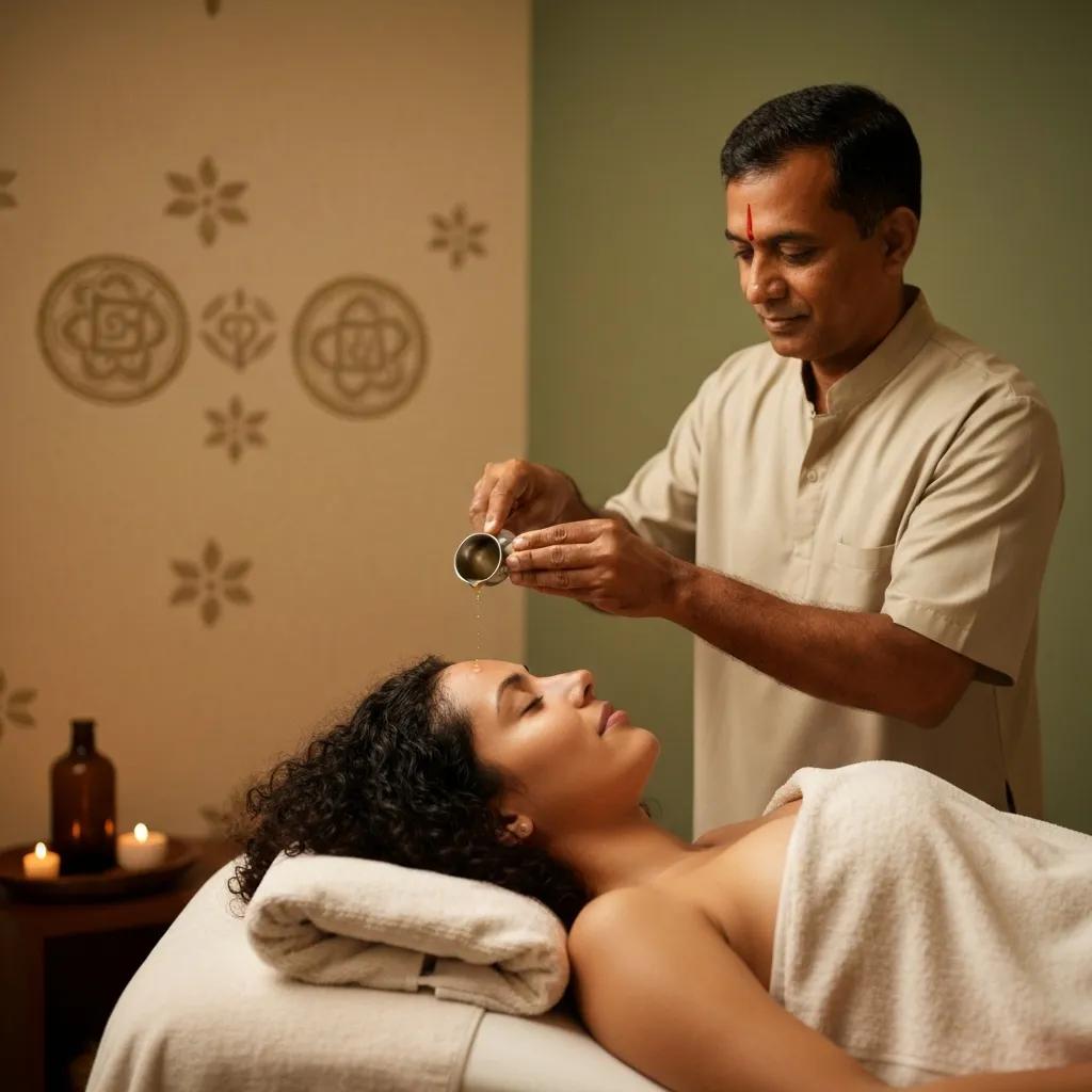 Ayurvedic therapy session with Shirodhara treatment for relaxation and stress reduction Ayurvedic therapy session with Shirodhara treatment for relaxation and stress reduction