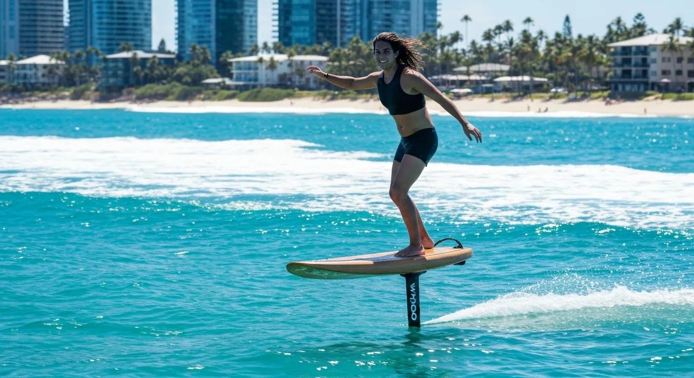 Person riding a Waydoo eFoil on the Sunshine Coast, showcasing the thrill of electric hydrofoil boarding