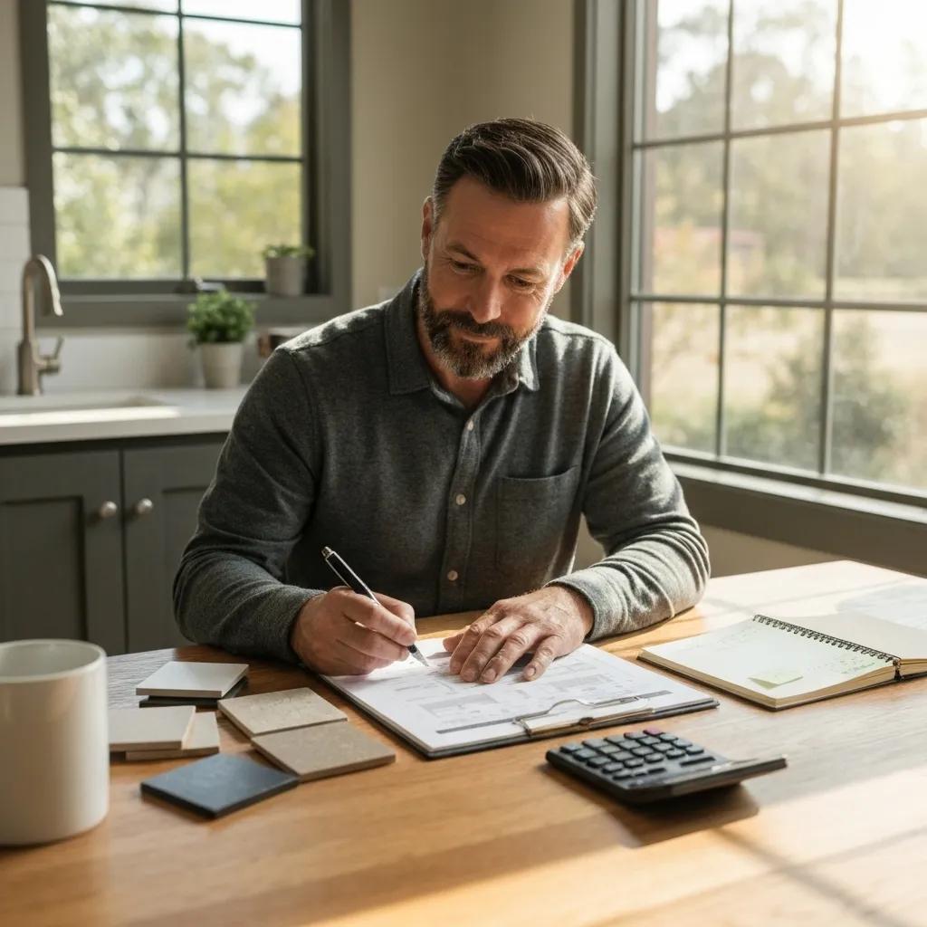 A homeowner carefully planning their bathroom remodel budget with material samples and notes