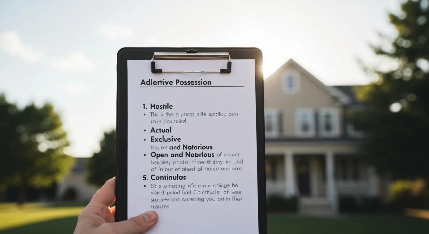 Checklist of adverse possession requirements with a house in the background, emphasizing property rights