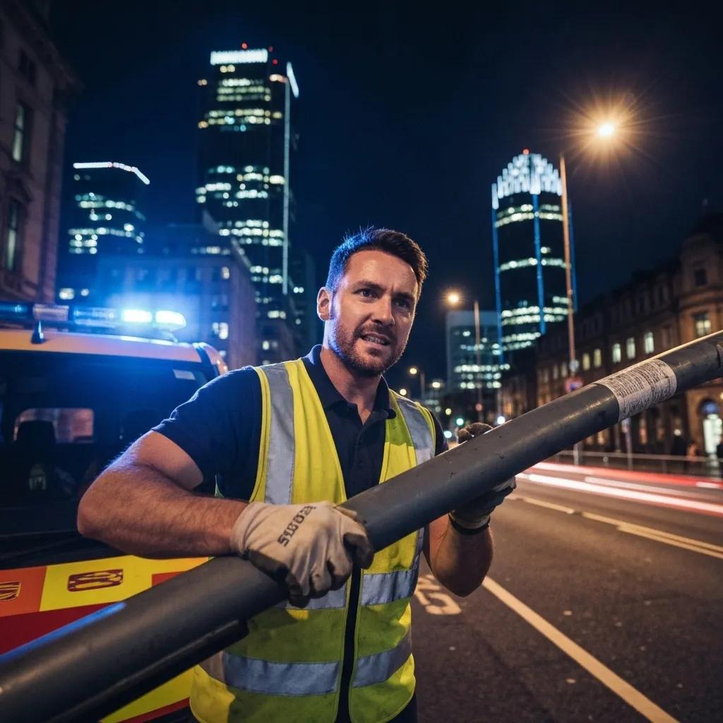 An emergency electrician in Birmingham responding to a call at night, highlighting round-the-clock support and urgency