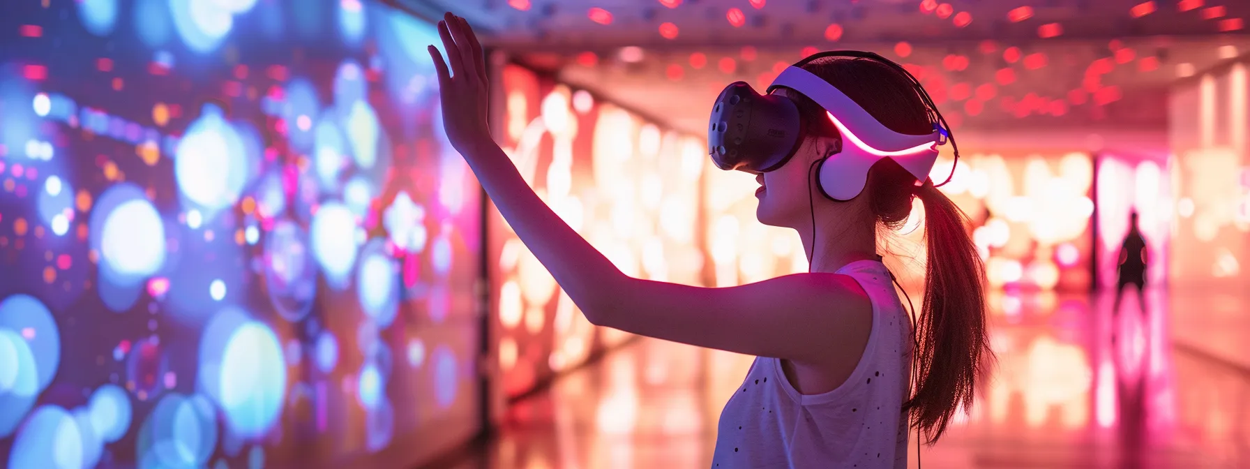 an individual participating in a virtual reality workout, surrounded by captivating visuals and interactive elements.