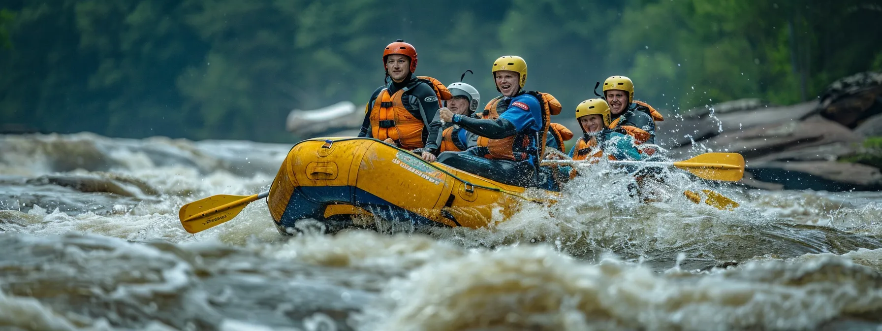 a group of rafters wearing helmets and life jackets, guided by experienced instructors, navigating through turbulent waters on the middle ocoee river.