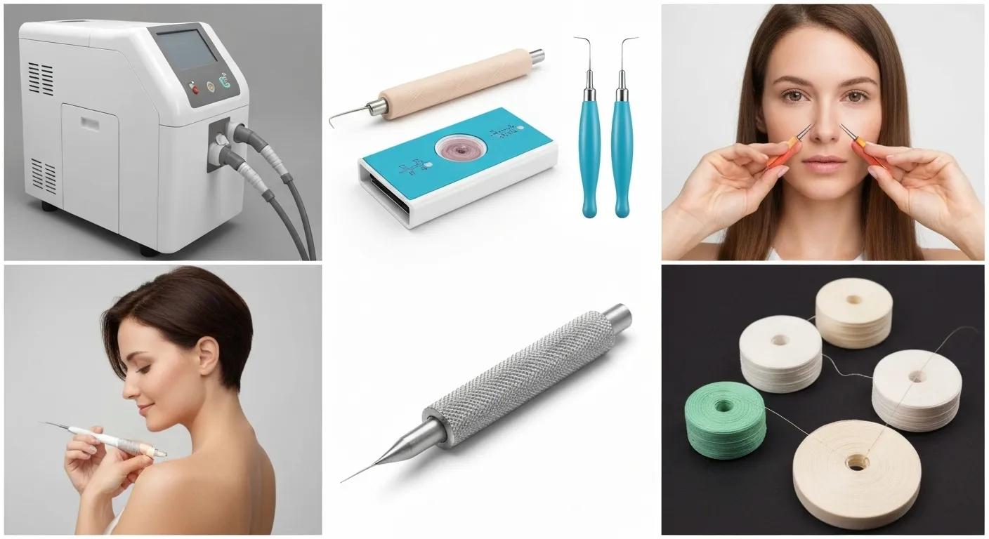 Collage of hair removal methods including laser equipment, electrolysis tools, and threading supplies, highlighting diverse options
