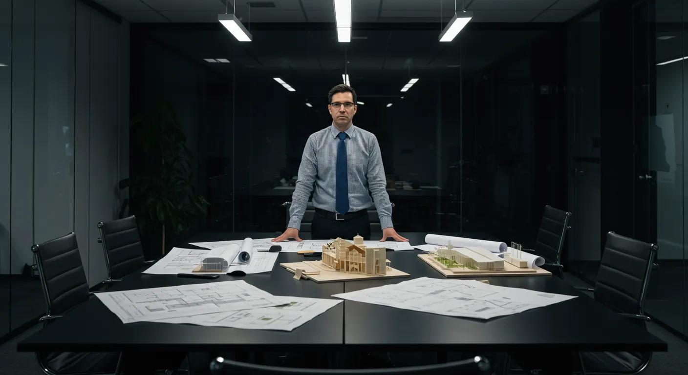 a focused professional standing confidently at a sleek conference table, surrounded by blueprints and architectural models, illuminated by bright overhead lights in a modern office, epitomizing the determination to navigate the architecture licensing process.