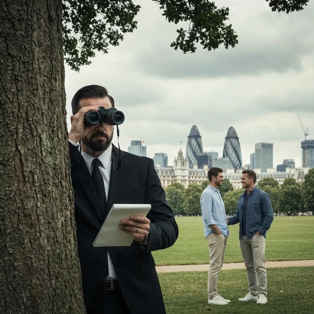 Private investigator discreetly observing a couple in a London park, symbolising our confidential investigation services