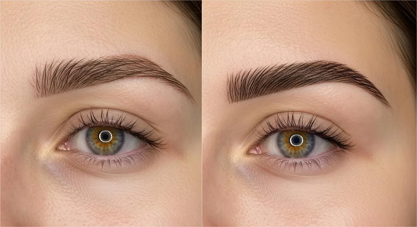 Before-and-after comparison of brow lamination results, highlighting the transformation in fullness and definition