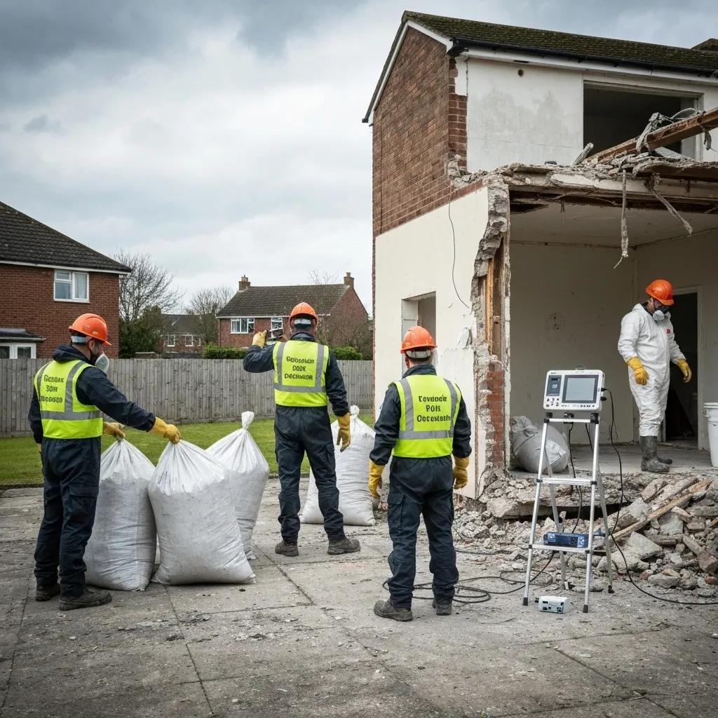 Team safely removing asbestos from a residential building, highlighting compliance and safety in demolition