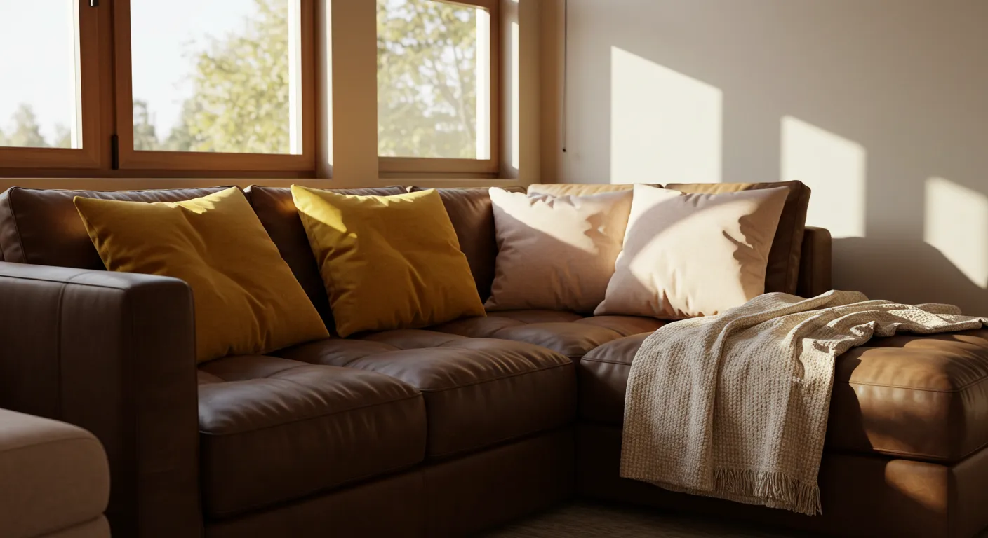 Deep-seated sectional sofa with soft pillows in a cozy, sunlit living room.