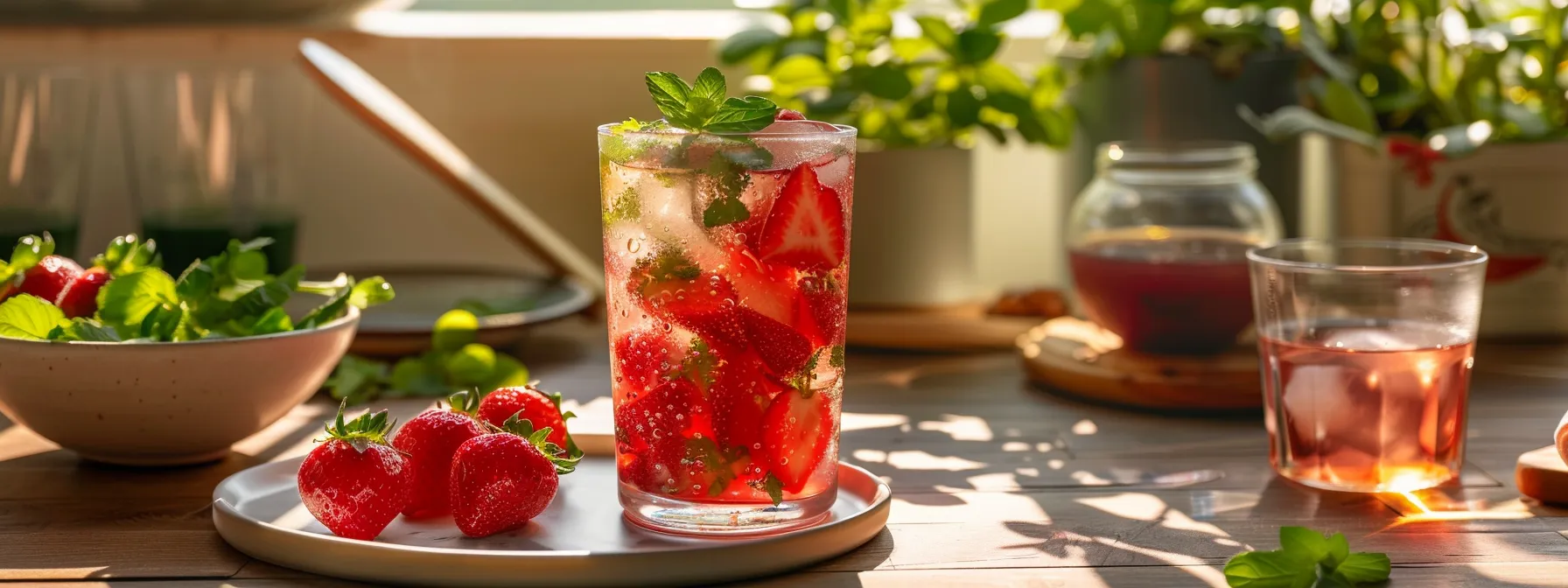 a person enjoying a refreshing strawberry-infused water instead of a sugary drink, with a healthy smoothie and herbal tea nearby.