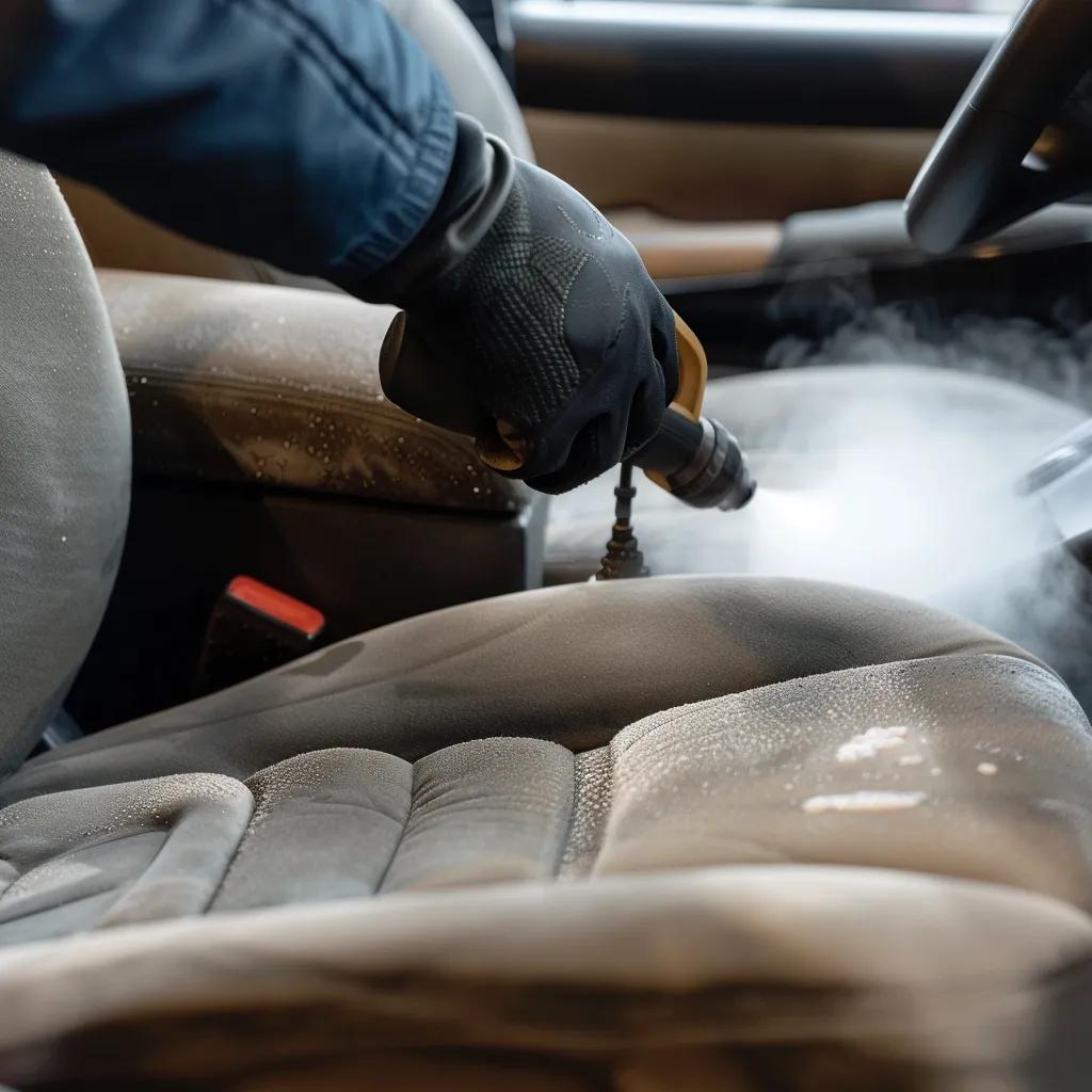 A WashCar SG professional expertly steam cleaning a car interior, effectively removing stubborn stains and grime. A WashCar SG professional expertly steam cleaning a car interior, effectively removing stubborn stains and grime.