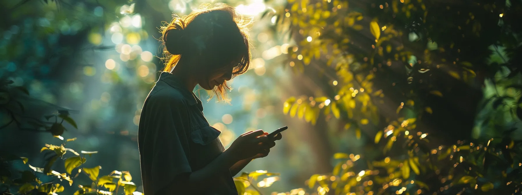 a person using a smartphone while surrounded by nature, appearing peaceful and balanced.