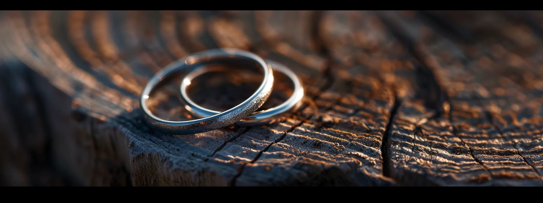 two silver rings intertwined on a rustic wood surface.