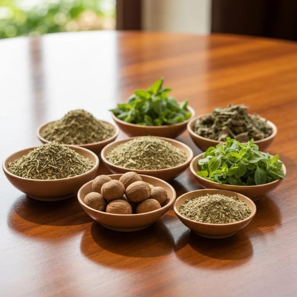 Collection of Ayurvedic herbs including Ashwagandha and Tulsi for stress relief Collection of Ayurvedic herbs including Ashwagandha and Tulsi for stress relief