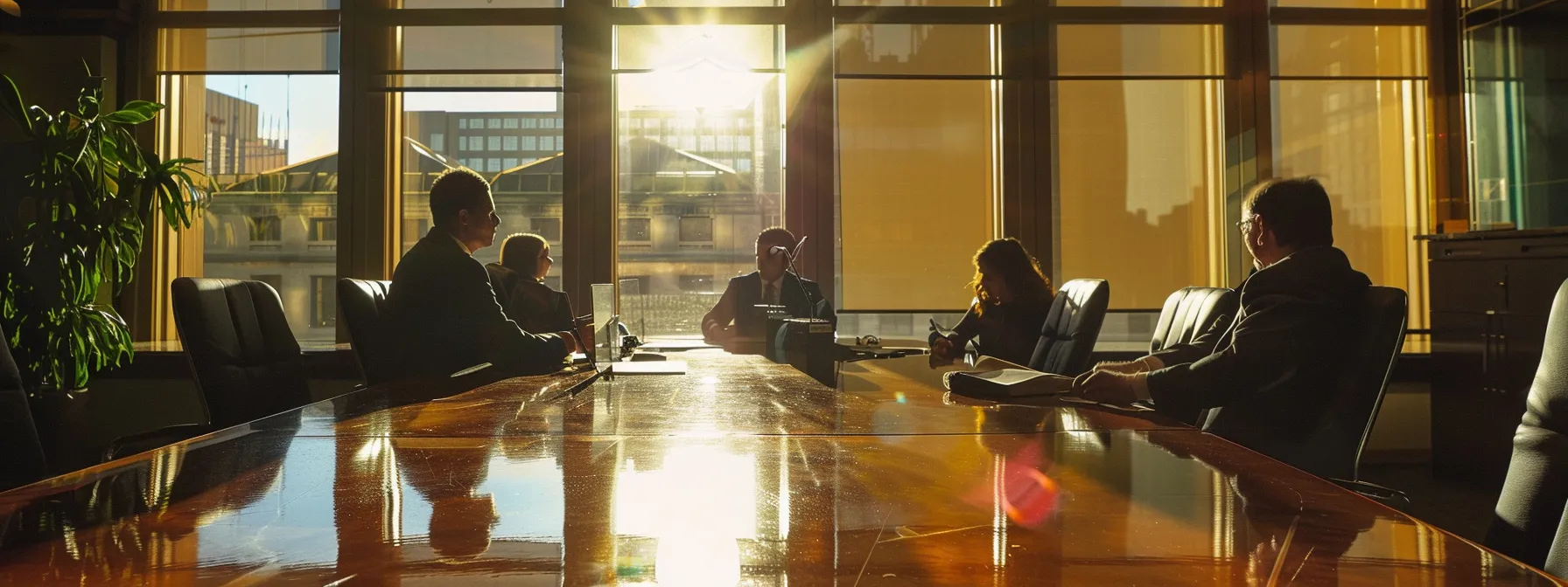 a person consulting with a group of lawyers in a conference room, discussing legal implications of leaked content.